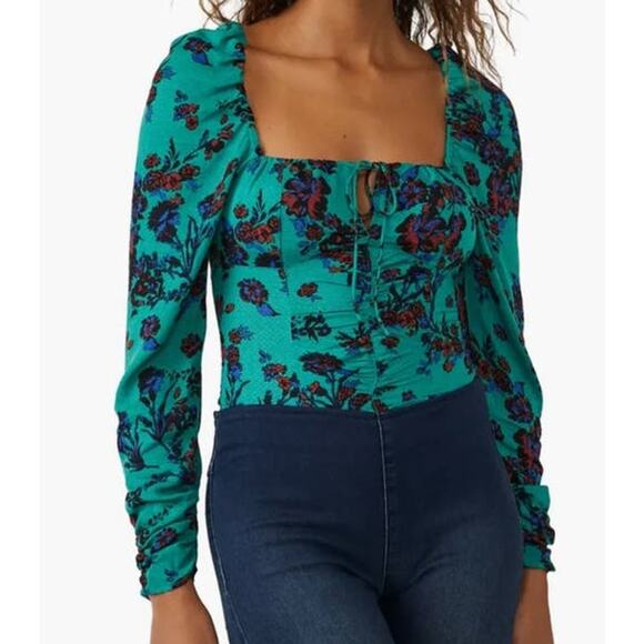 Free People top Hilary Print keyhole neck blouse green Medium M - Picture 1 of 10